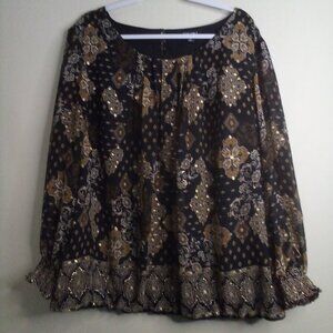 Roz & Ali Blouse Women 3X Long Sleeve Elastic Hem Pattern Black Gold